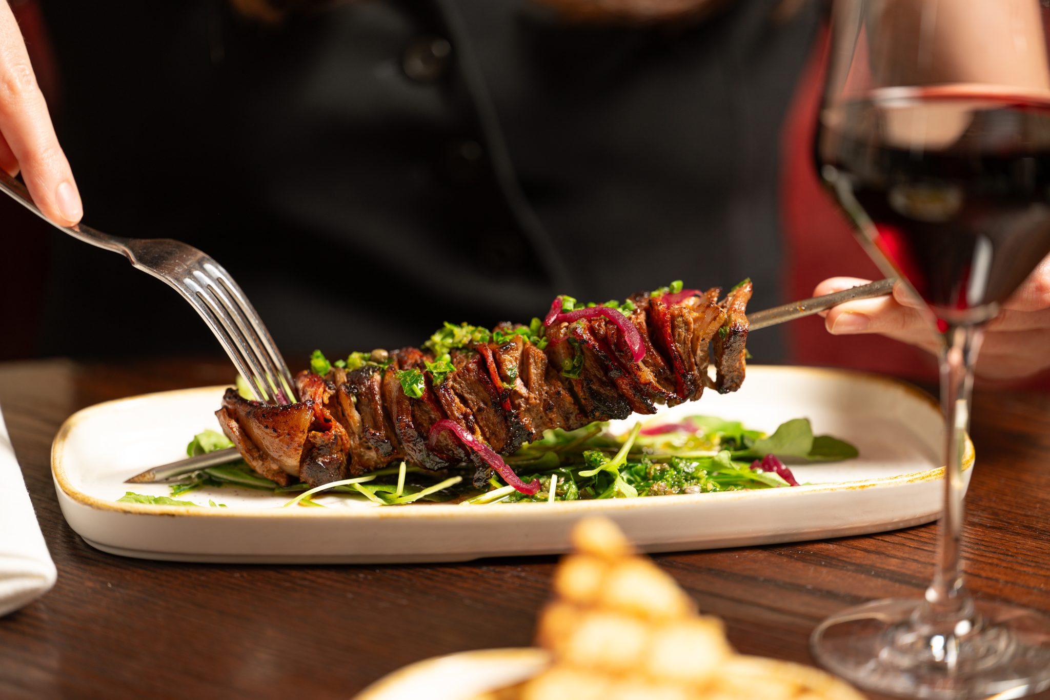 Jugged Hare beef and spicy salami skewer